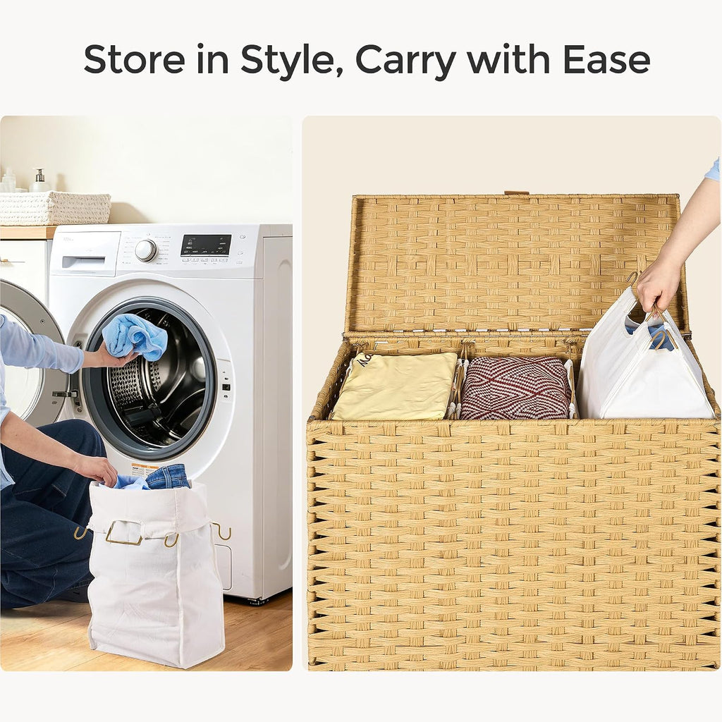 130L Wicker Laundry Hamper with Lid, 3-Section Laundry Basket | 3 Removable Liner Bags; 4 Included Mesh Laundry Bags;