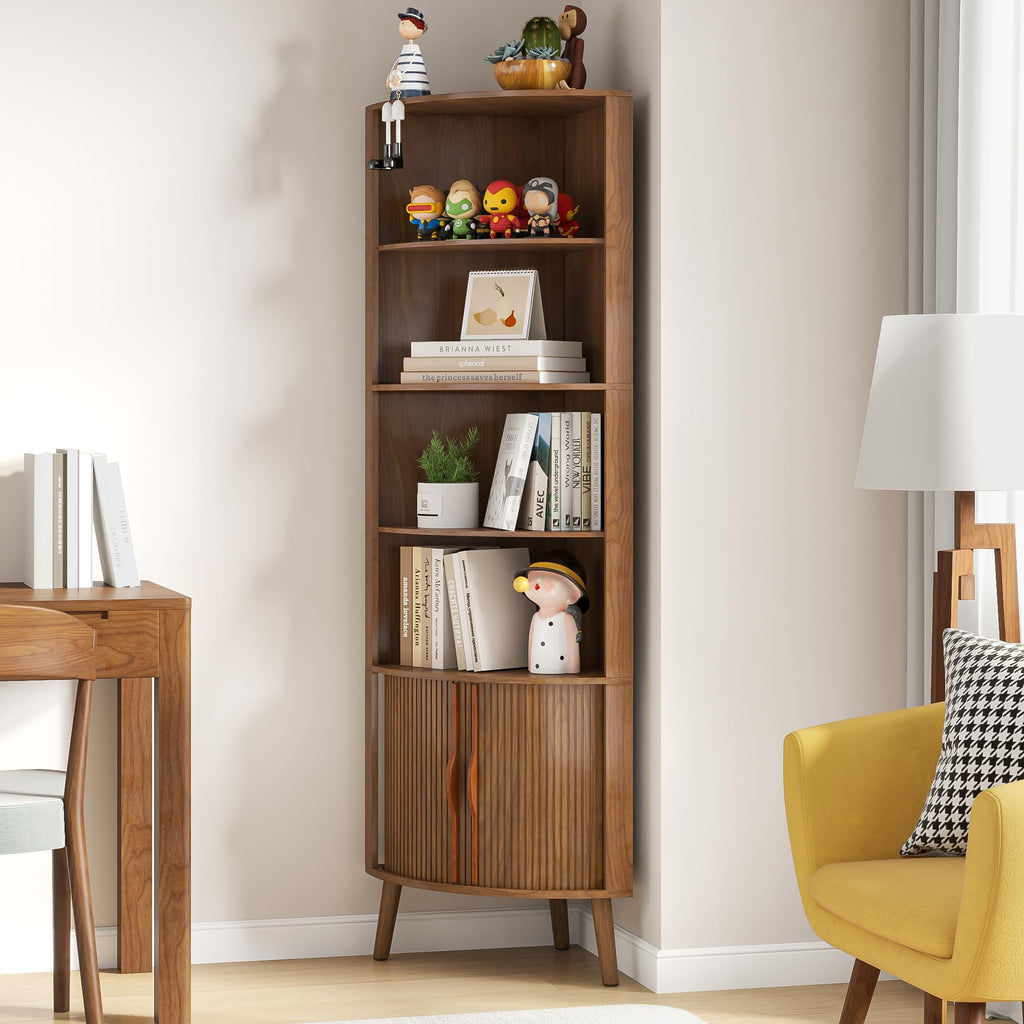 66'' Tall Corner Bookshelf with 2 Fluted Sliding Doors, Walnut