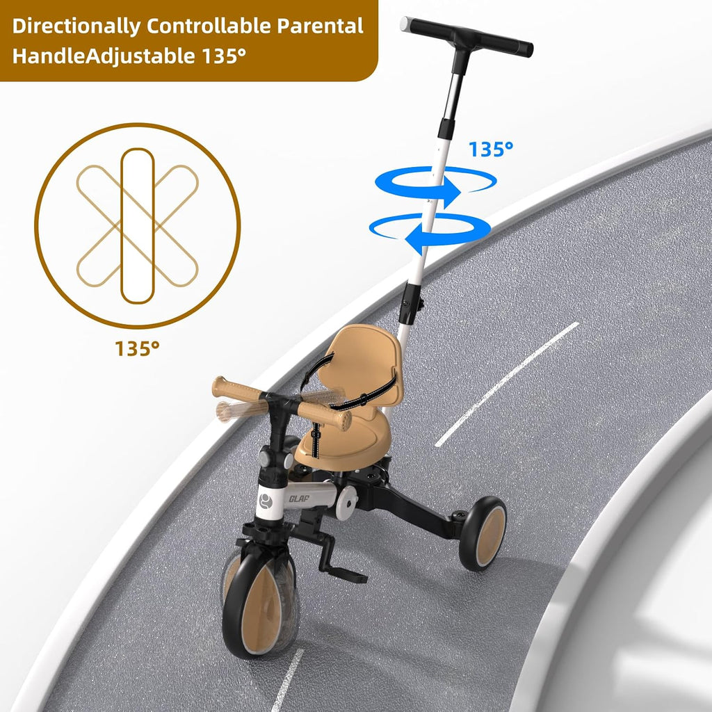 5 in 1 Tricycle with Push Handle for Toddlers 1-3 Years (White Brown)