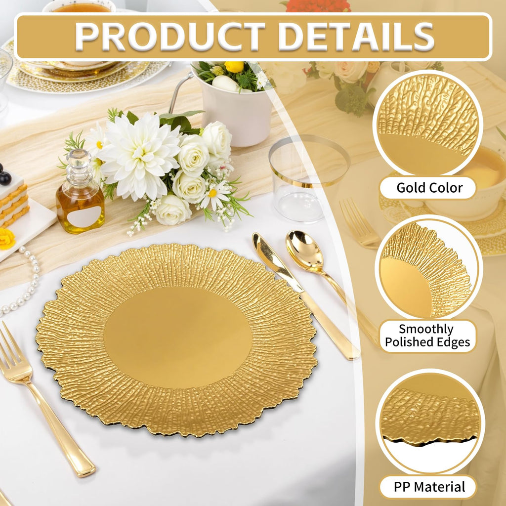 12 Pcs Gold Chargers for Dinner Plates, 13" Reusable Reef Serving Gold Chargers, Round Plastic Shiny Decorative