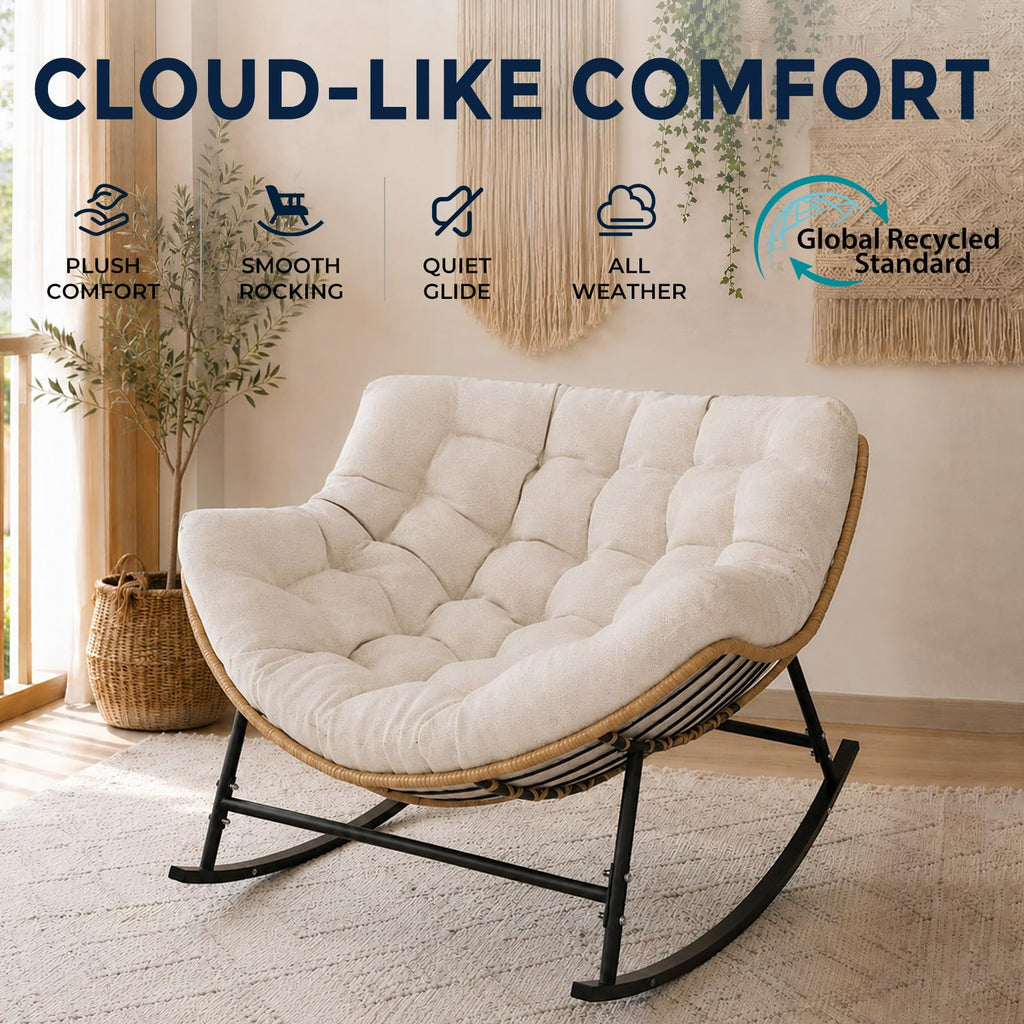 Outdoor Papasan Rocking Chair with Thick Cushion, Cream