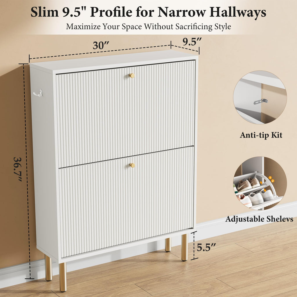 Shoe Storage Cabinet - 2 Flip Drawers Shoe Cabinet with Tiered Fluted Design - Slim Shoe Storage Rack with Gold Legs