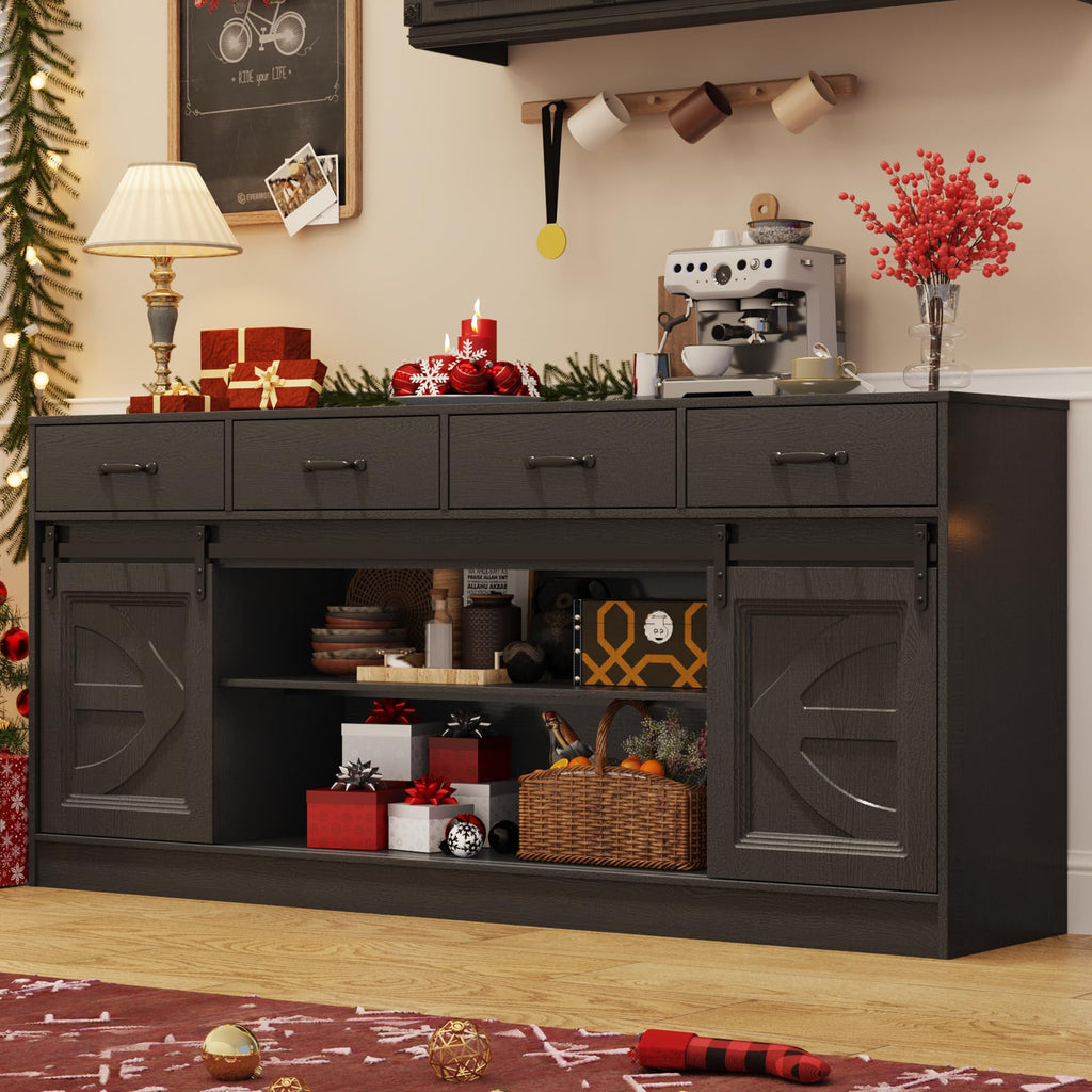 70" Large Buffet Sideboard Cabinet w/4 Drawer, Farmhouse Coffee Bar Cabinet Buffet with Storage, Sliding Door, Long