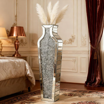 Crushed Diamond Floor Vase with Pampas Grass, Large Silver Mirror Tall Vases for Floor, Modern Luxury Glass Vases