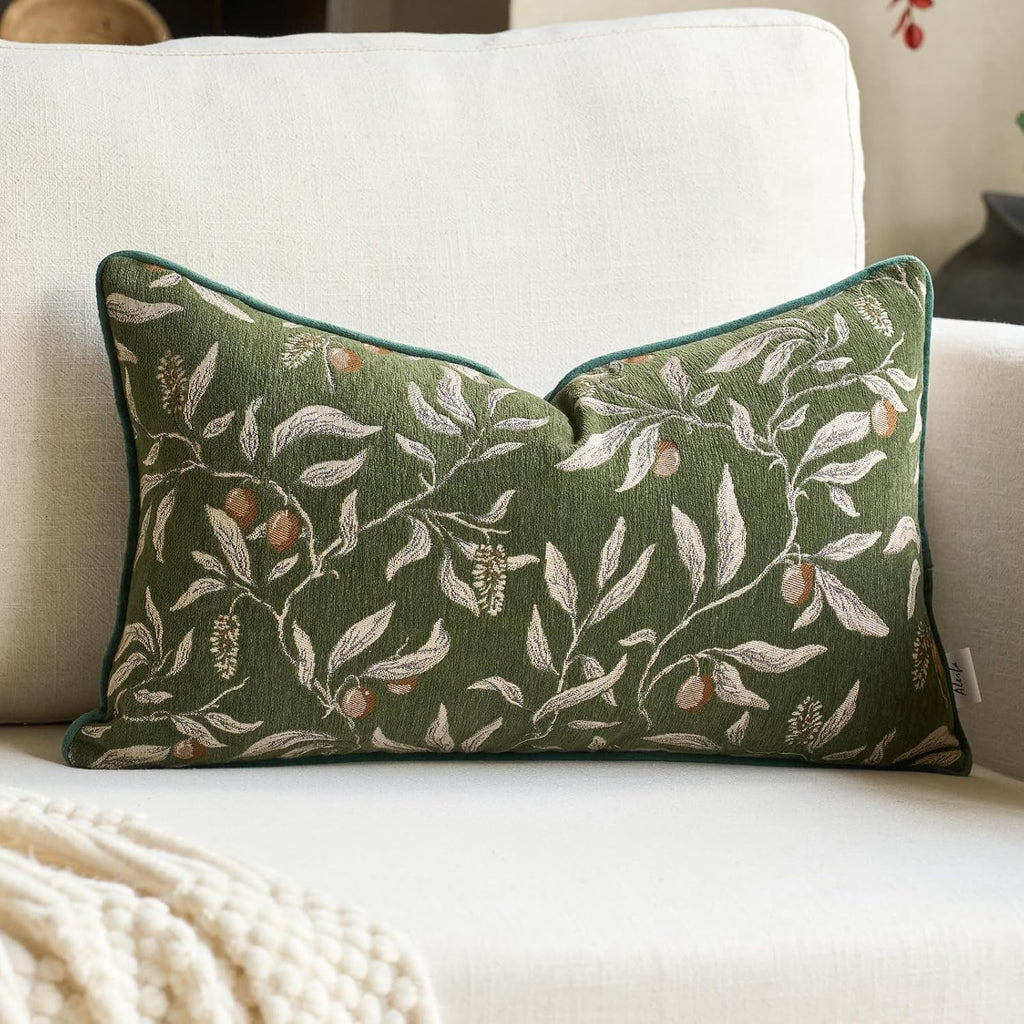 Green Floral Throw Pillow Cover 12 x 20 Inch Rectange Luxury Decorative Lumbar Pillow Cover