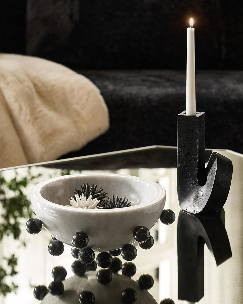 Borra Grey Marble Contemporary Decorative Bowl | Contemporary Centerpiece, Entryway Catchall, Black Marble Orb Accents