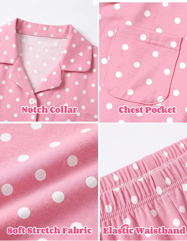 Pajamas for Girls Short Sleeve Long Pants Sleepwear Button Pjs Set