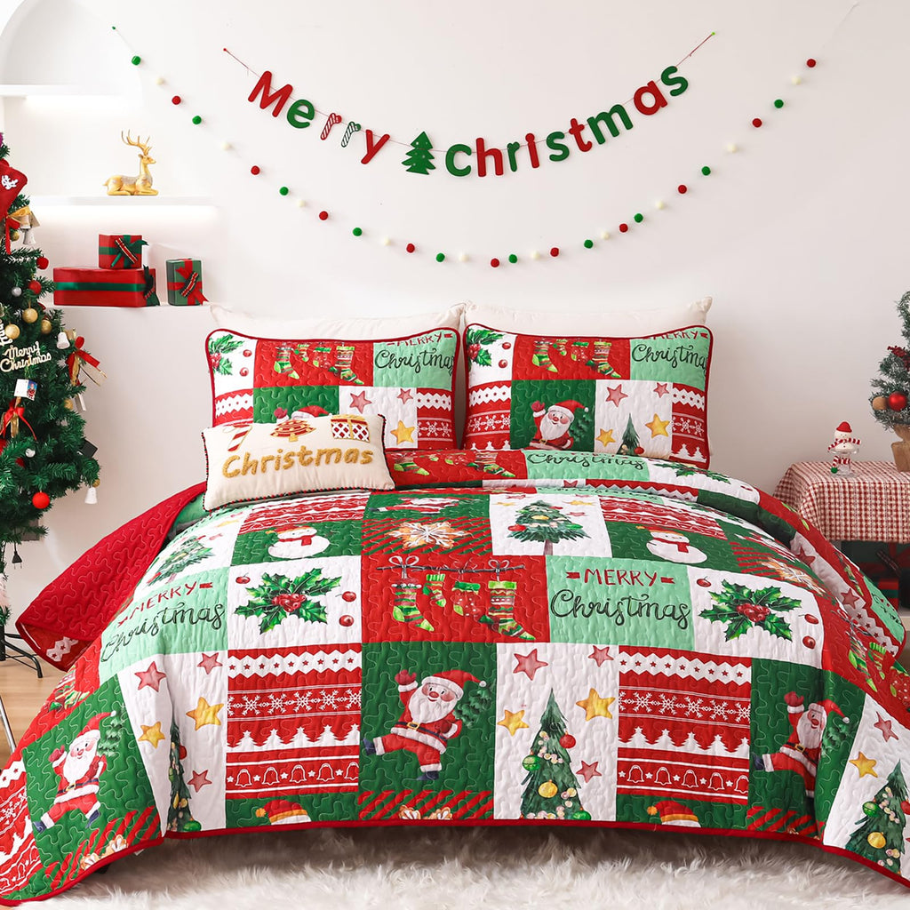 Christmas Quilt Set King Size, 3 Pieces Microfiber Bedspread