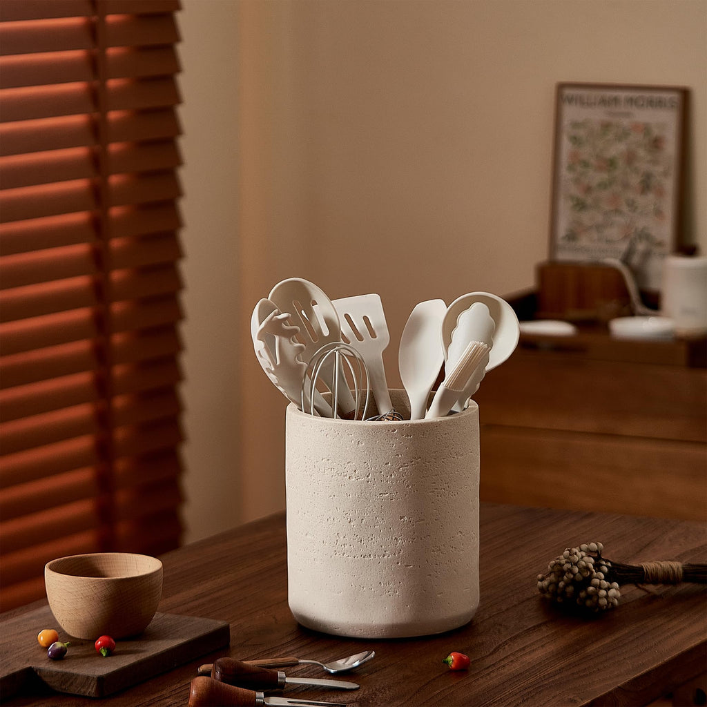 Rustic Beige Stone-Look Utensil Crock Counter - 6" x 7" Heavy Resin Holder with Non-Slip Base, Organizes Wooden