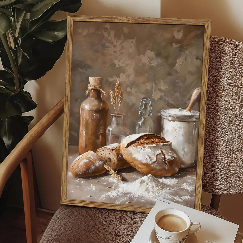 Framed Vintage Kitchen Wall Art, Rustic Bread and Flour Pictures Wall Decor Paintings, Farmhouse Food Poster Canvas