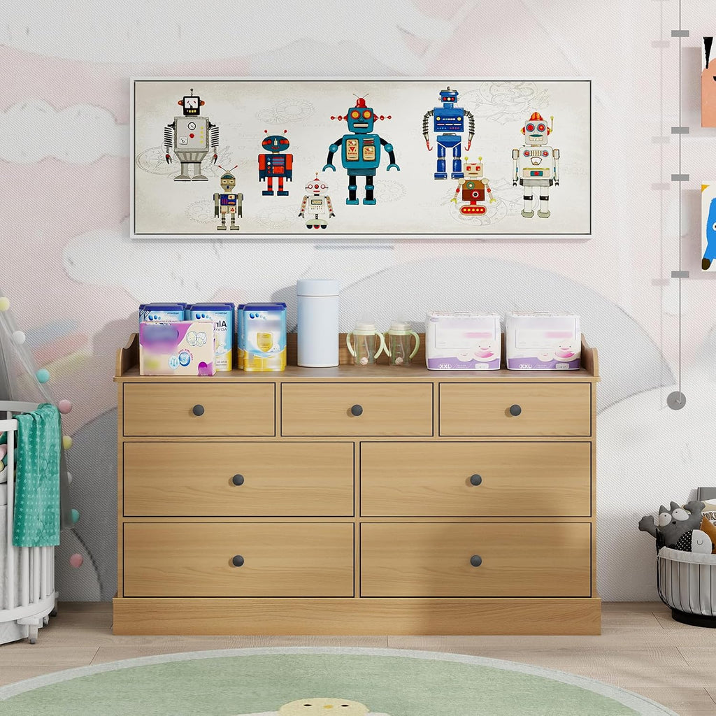 Kids Dresser Cabinet with 7 Drawers and Large Table Top, White Chest of Drawers, Baby Dresser, Kids Bedroom