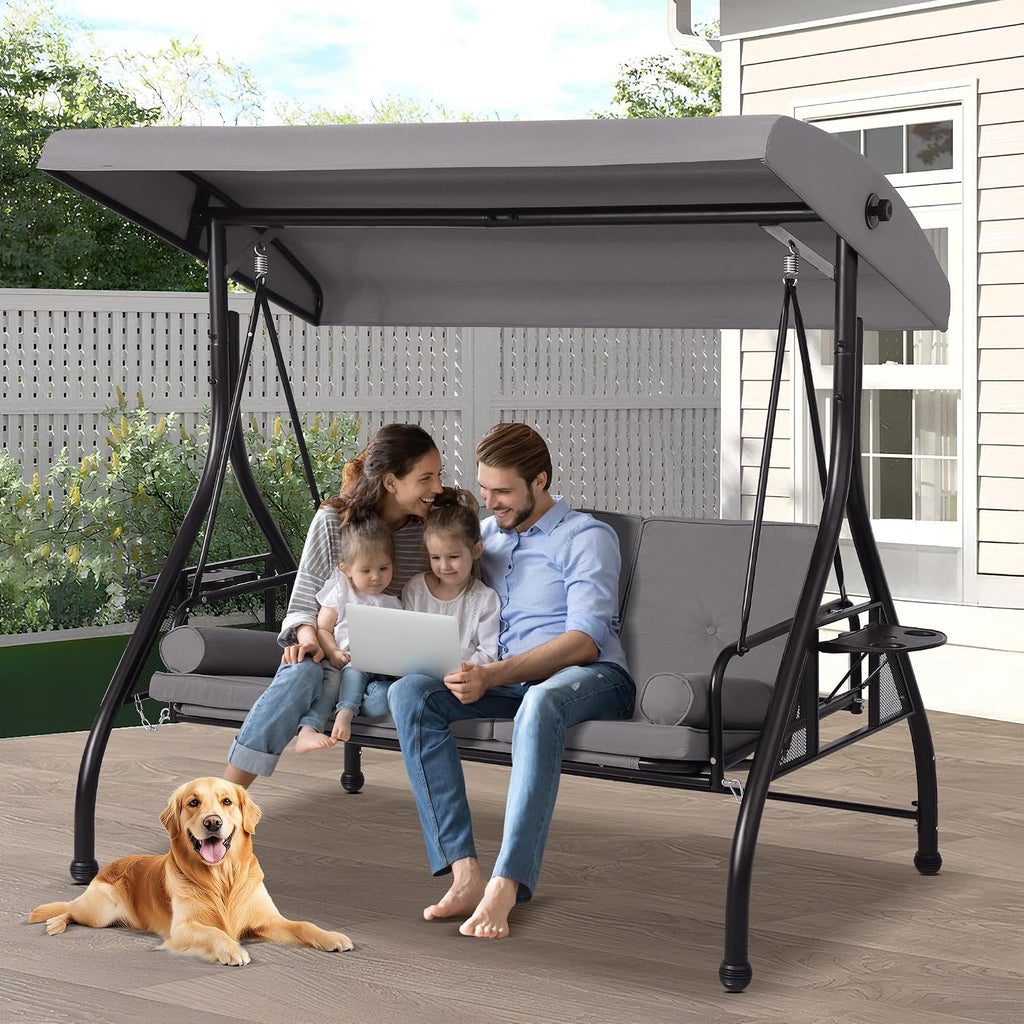 Porch Swings with Adjustable Canopy, 3 Seat Outdoor Swing Bed, Gray | Heavy Duty Porch Glider Bench with Stand