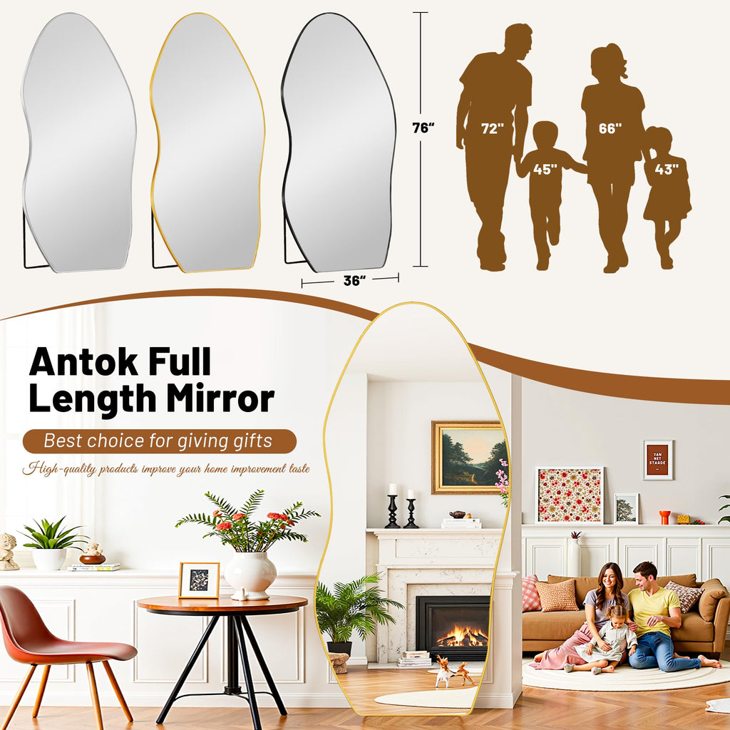 Irregular Full Length Mirror, 76"x36" Asymmetrical Floor Mirror with Stand, Standing Hanging Leaning Irregular