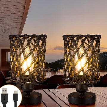 Cordless Outdoor Table Lamps, Small Rattan Boho, Rechargeable Battery Operated for Outdoor Patio, Home, Living Room