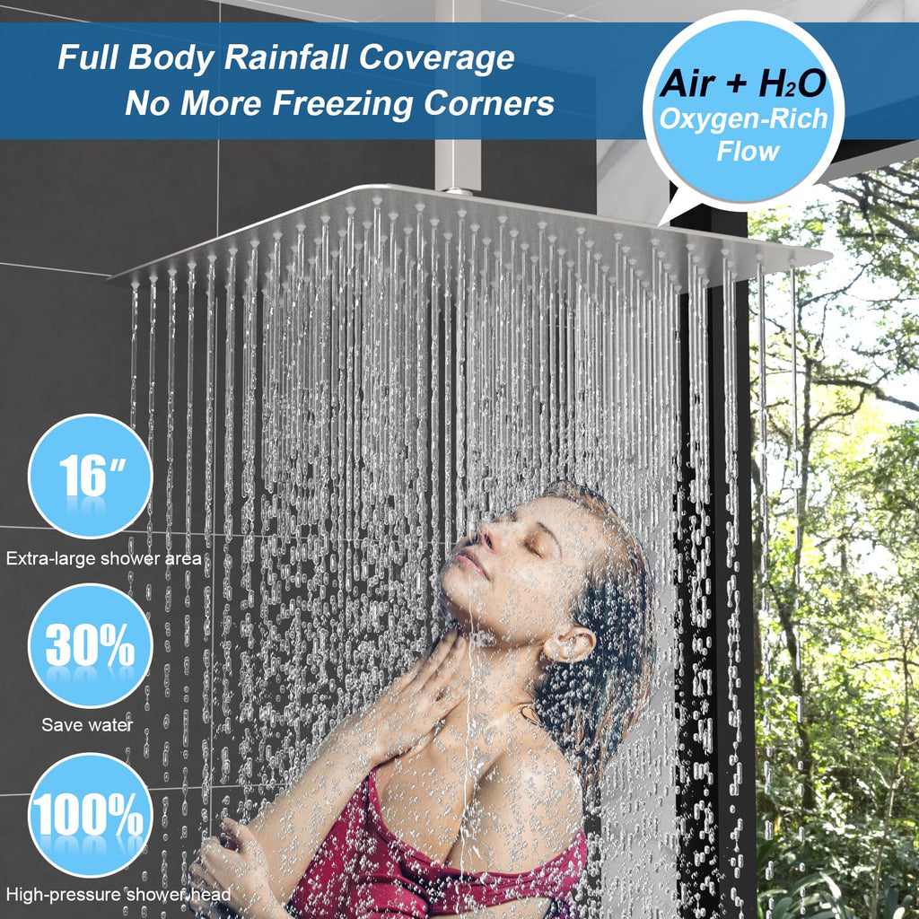 Thermostatic Dual Head Shower System, 16" + 6" Dual Rainfall Shower System (Can All Run Together & Volume Adjustable)