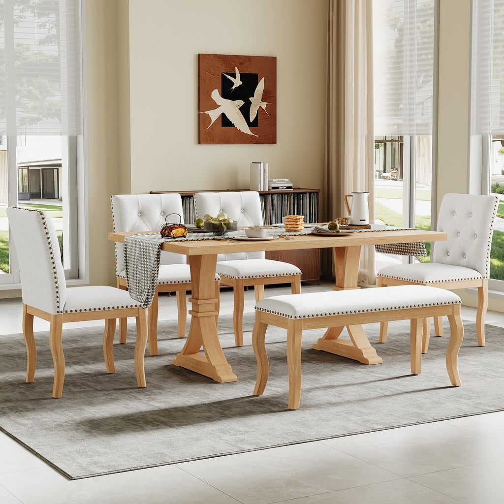 6-Piece Farmhouse Dining Table Set with Bench, Solid Wood Dining Room Table Set with 4 Upholstered Button Tufted
