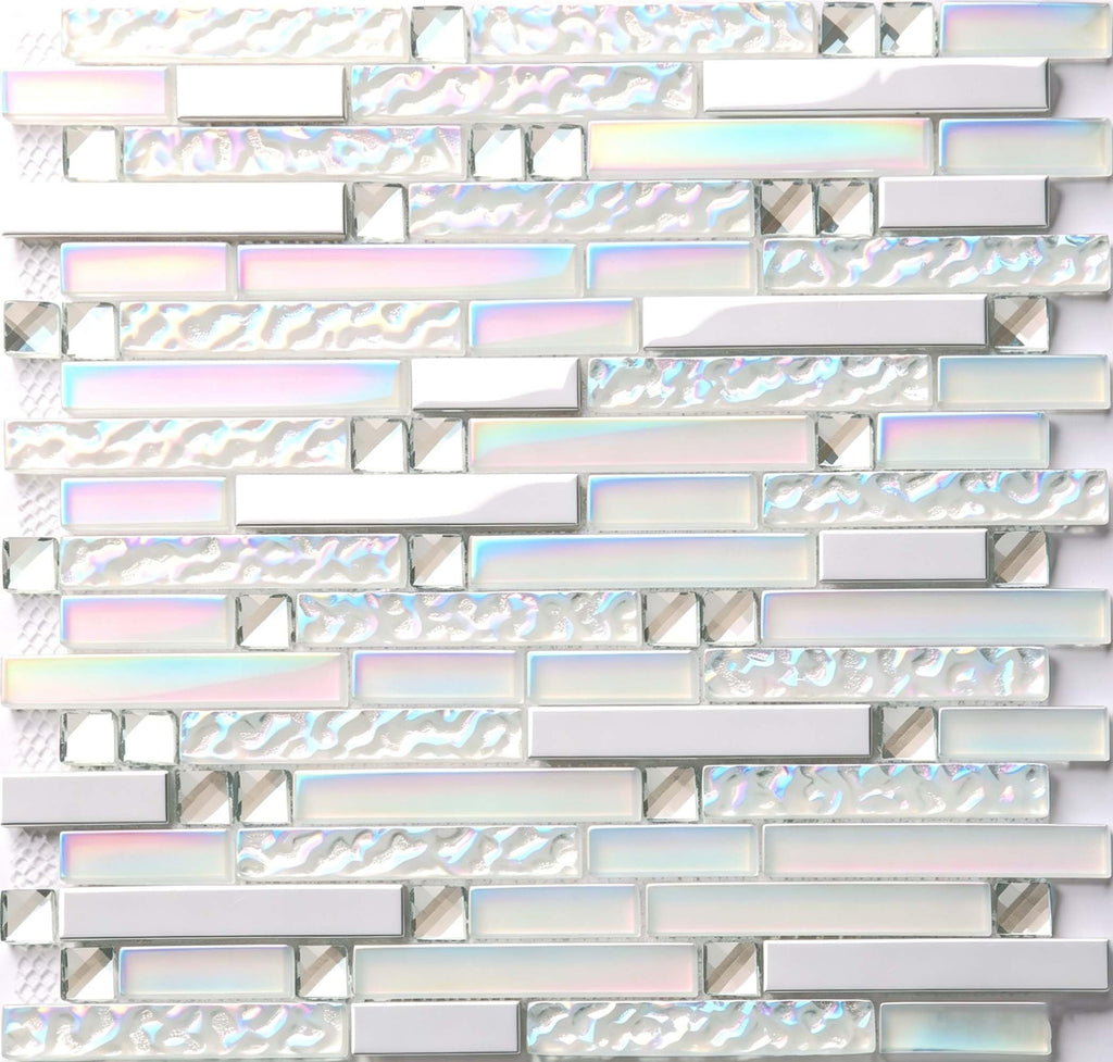 White Silver Glass Metal Tile Kitchen Backsplash 5 Sq Ft