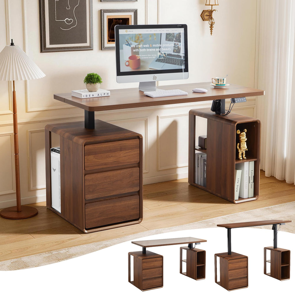 55" Wood Electric Standing Desk with Drawers and Storage Shelves