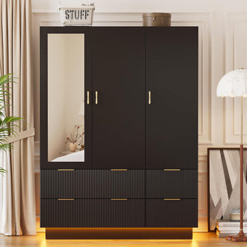 Large Wardrobe Closet, 3 Door Armoire Closet | Mirror and LED Lights, Hanging Rod, Drawers, Armoires and Wardrobes