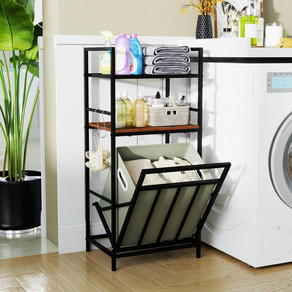Tilt out Laundry Hamper, Space Saving Bathroom Storage Cabinet with Removable Basket, 2 Open Shelves & 4 Side Hooks