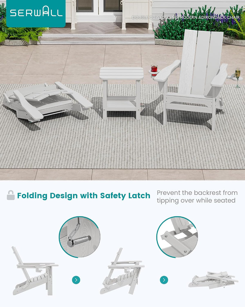 Modern Folding Adirondack Chairs Set of 2, HDPE, Cup Holders, White | Outdoor All-Weather Lawn Adirondack Chairs Wood
