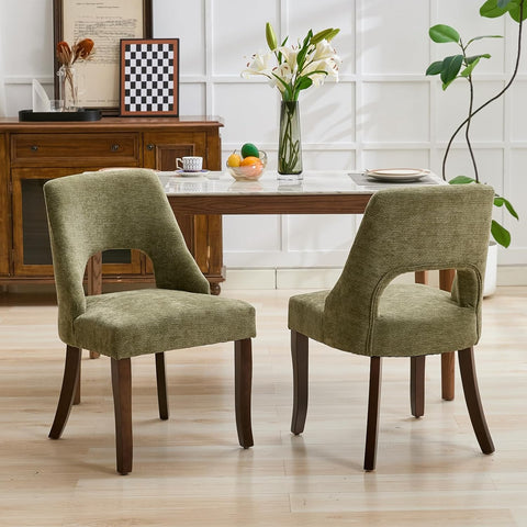 Wooden Dining Chairs Set of 2, Mid-Century Modern Chenille Upholstered Kitchen Chairs with Solid Wood Legs, Farmhouse Dining Room Chairs, Green