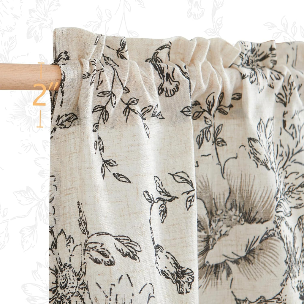 Floral Linen Tier Curtains 36 Inch Farmhouse Botanic Cafe Drapes for Small Windows Rustic Half Window Curtains for