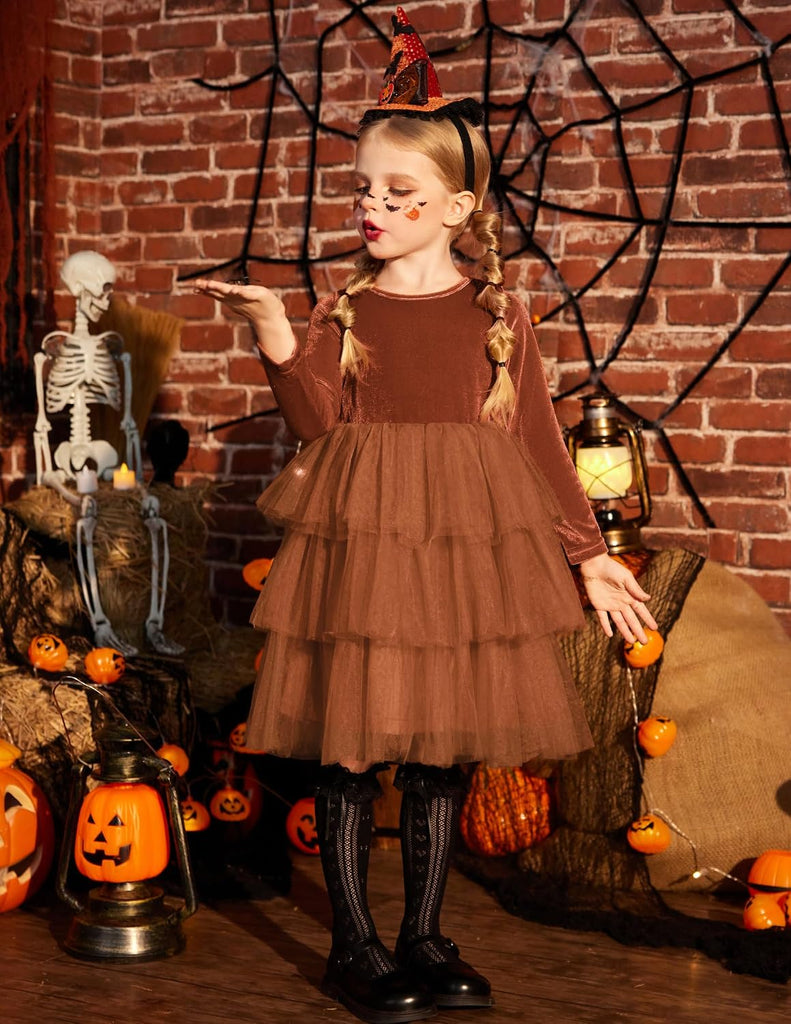 Toddler Velvet Dress Tiered Tulle Fall Party Long Sleeve Dresses