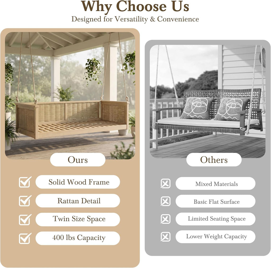 Twin Size Outdoor Porch Swing Bed, Acacia Wood & Rattan Hanging Daybed with Ropes , Backyard & Garden, Light Teak