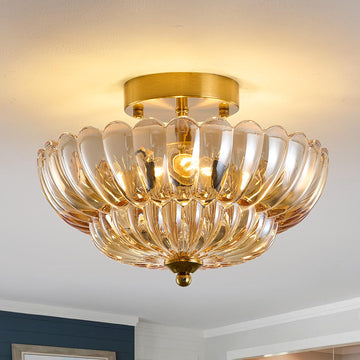 Semi Flush Mount Ceiling Light Fixture, 12" Vintage Gold Ceiling Light with Amber Glass Shade, 3-Light Close to