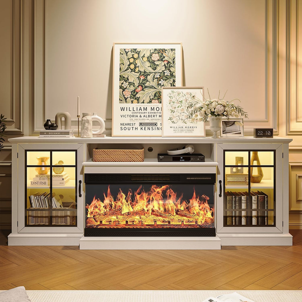 80'' Fireplace TV Stand, Farmhouse Entertainment Center with 3 Sided Glass TV Stand, Modern Media Console Table with