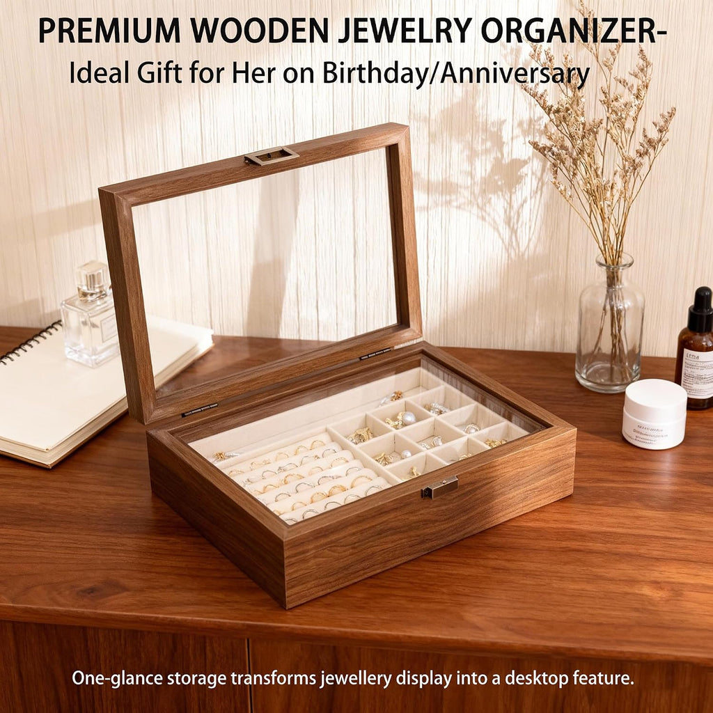 2-Layer Glass Lid Walnut Jewelry Box,Wooden Jewelry Organizer