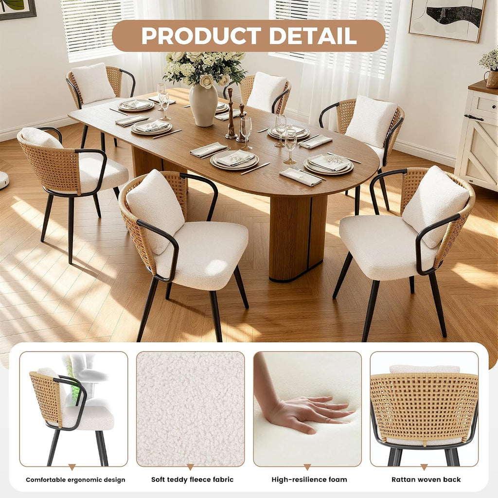 Modern Rattan Dining Chairs Set of 6, Upholstered Kitchen Chair with Metal Legs, Ergonomic Curved Backrest, Mid