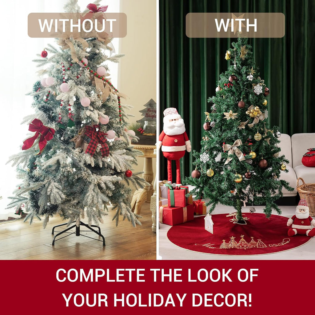 50 Inch Red Velvet Christmas Tree Skirt, Tree Embroidery