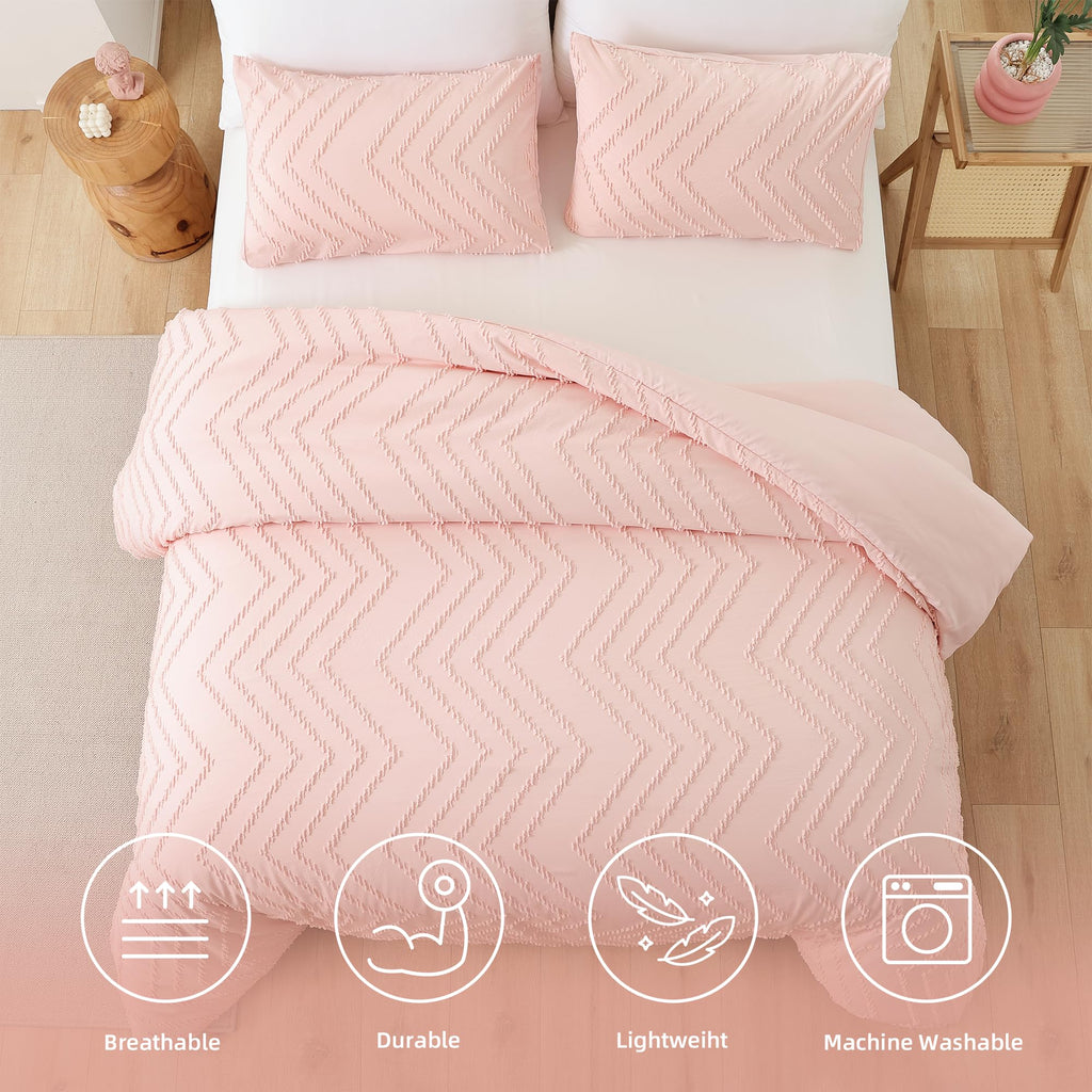 King Size Comforter 3Pcs, Blush Pink Boho Chevron Bedding Sets