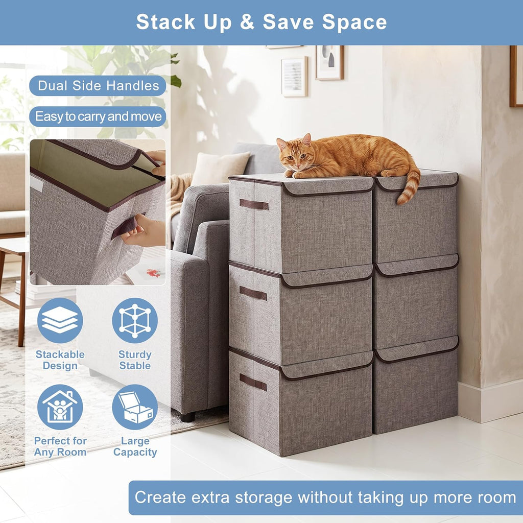 Large 17" 42 Quarts Collapsible Stackable Storage Bins with Lids [3-Pack] Foldable Fabric Linen Storage Boxes Cube