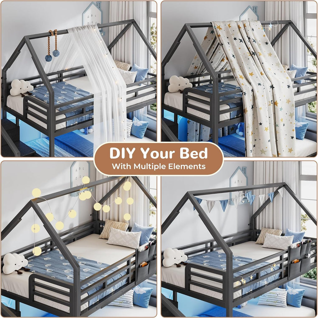 Metal Bunk Bed Twin Over Twin with Storage Staircase, Clothes Rack, LED Twin Bunk Beds for Kids with 2 Storage Drawers