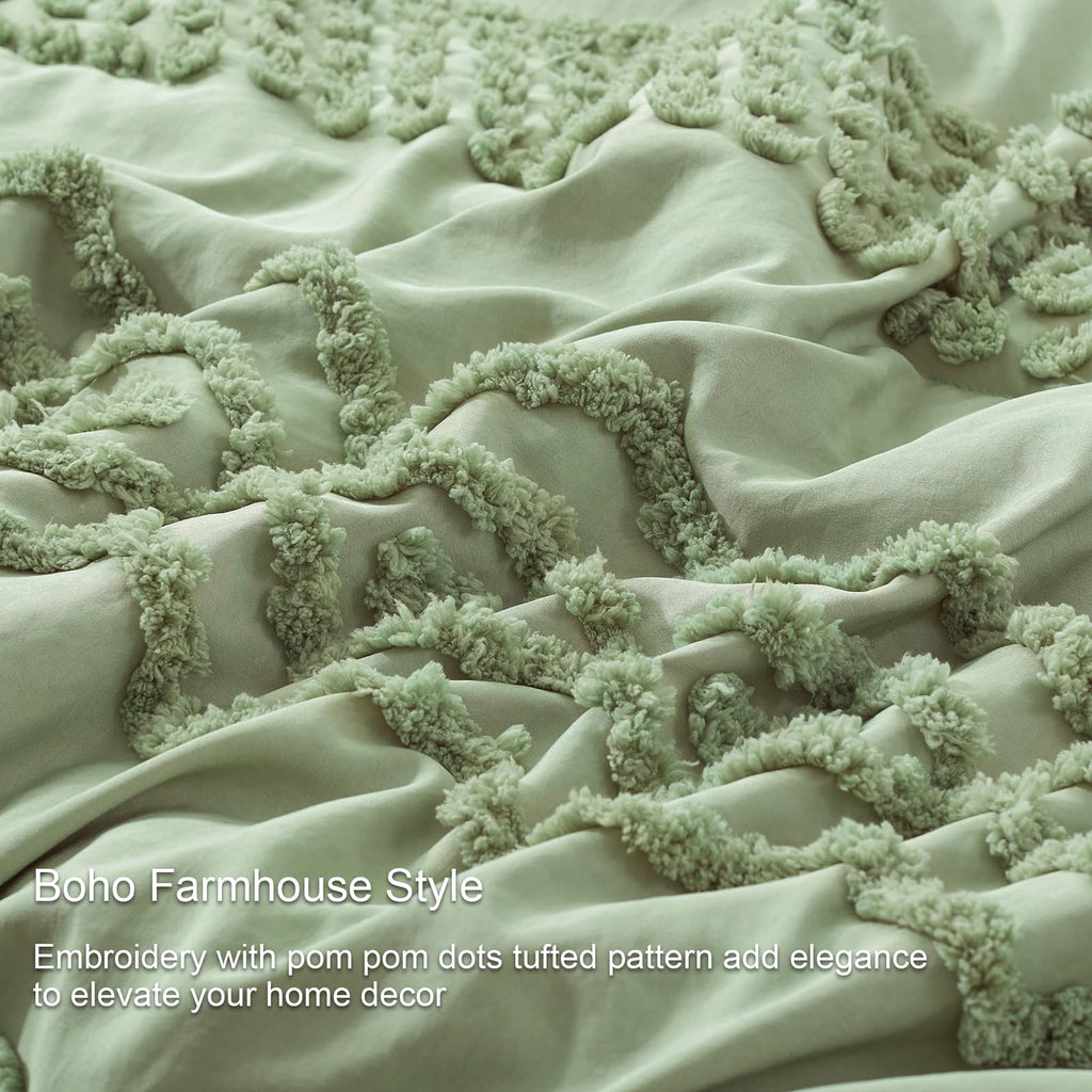Sage Green Tufted Comforter Set, 3 Pieces Queen Boho Bedding Set