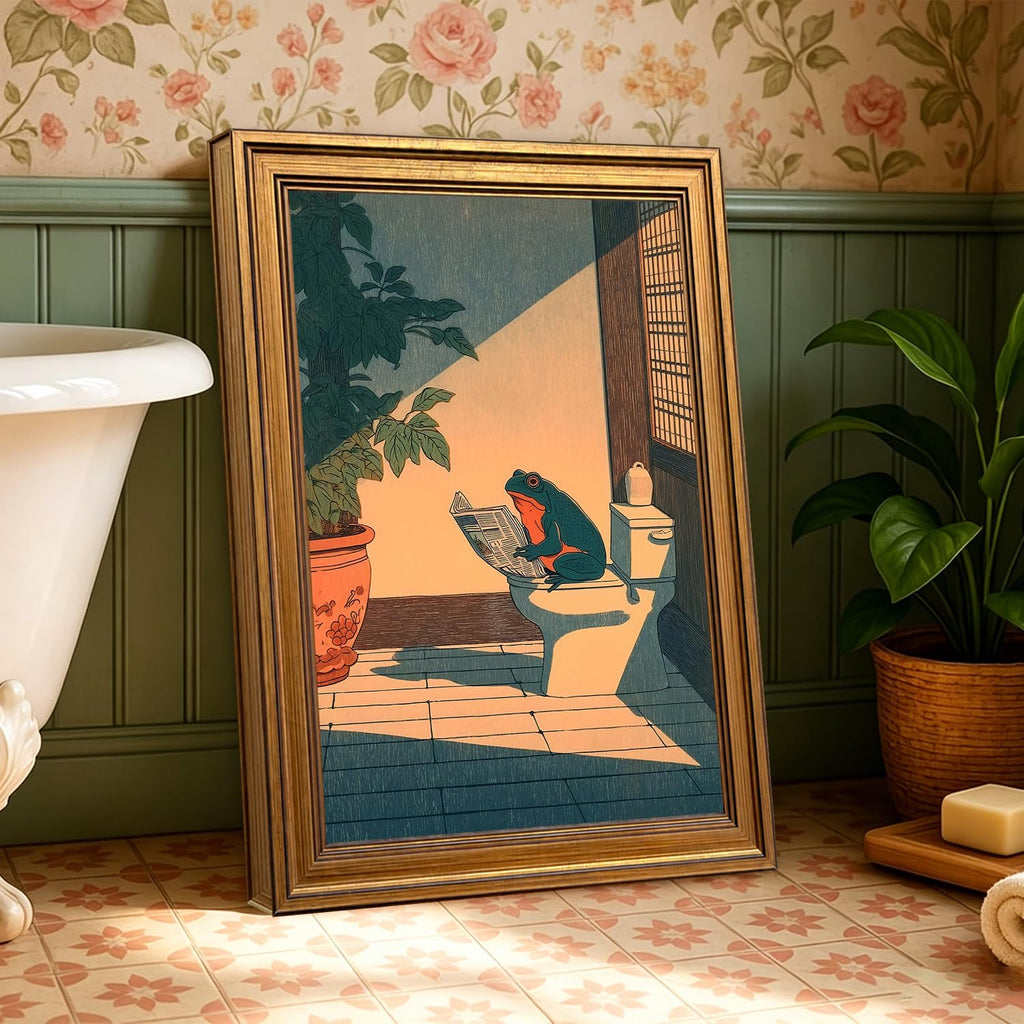 Vintage Gold Framed Bathroom Wall Art, Funny Japanese Frog Reading Newspaper on Toilet Pictures Wall Decor, Whimsical