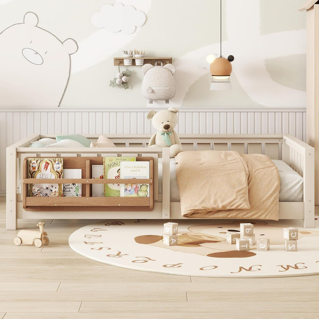 Kids Montessori Bed with Bookshelf, Solid Wood with Fence and Slats for Girls Boys, Low-Profile, Beige