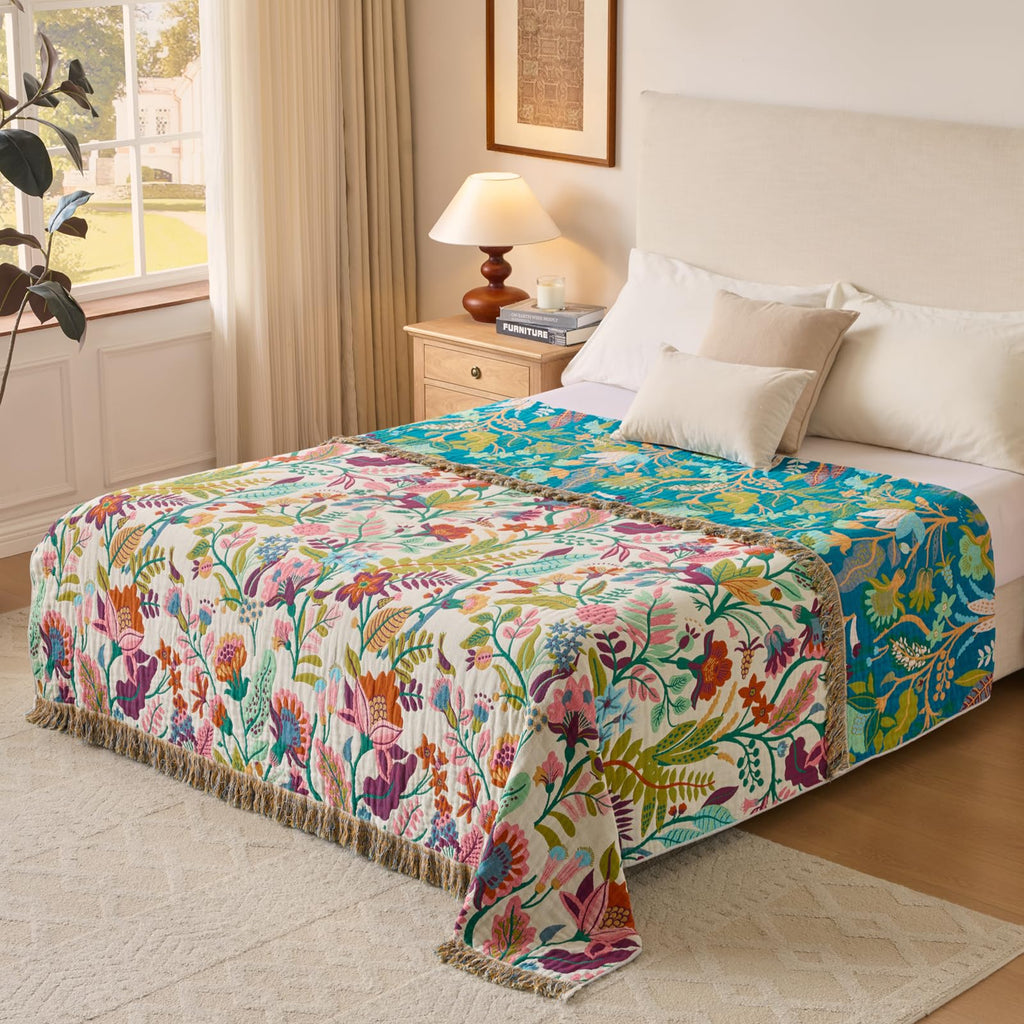 Boho Throw Blanket, 100% Soft Cotton Floral Quilt, 90"x 98"