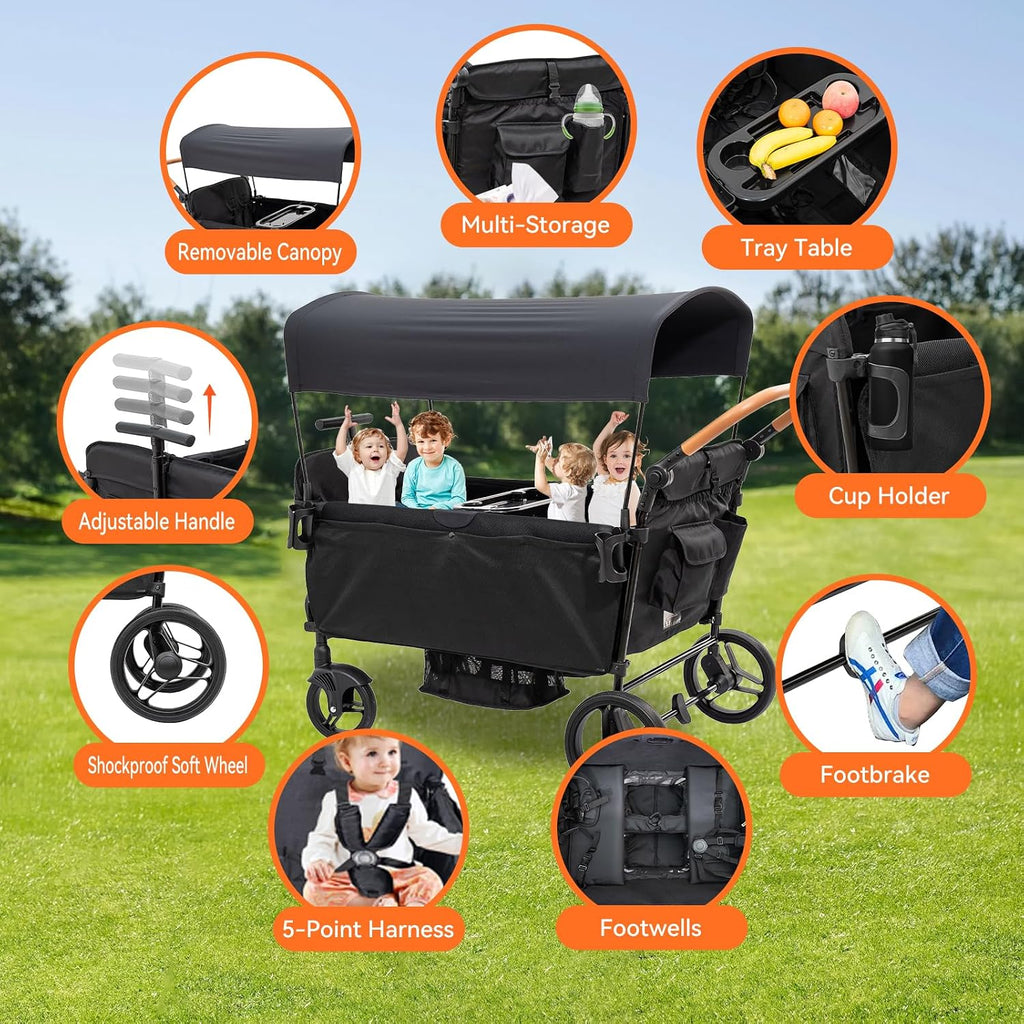 Stroller Wagon for 4 Kids Seated-Tandem Push-Pull Travel Stroller