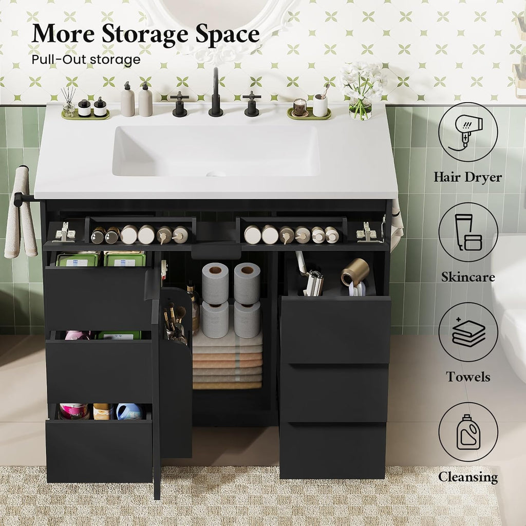 37" Fluted Bathroom Vanity with Sink Combo Set, Freestanding Bathroom Cabinet with 5 Drawers Space