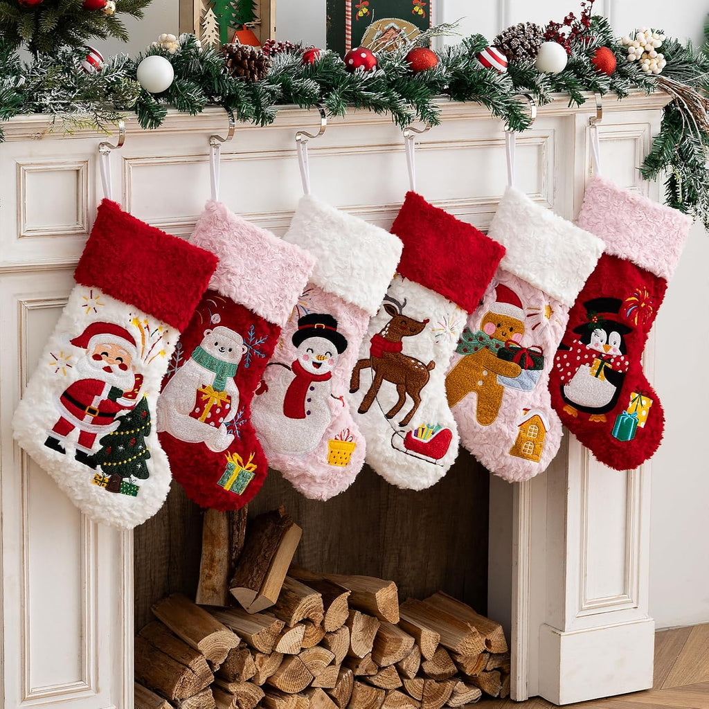Christmas Stockings 6 Pack,Plush Faux Fur Xmas Stockings with Embroidery Patterns,Fireplace Hanging Stockings