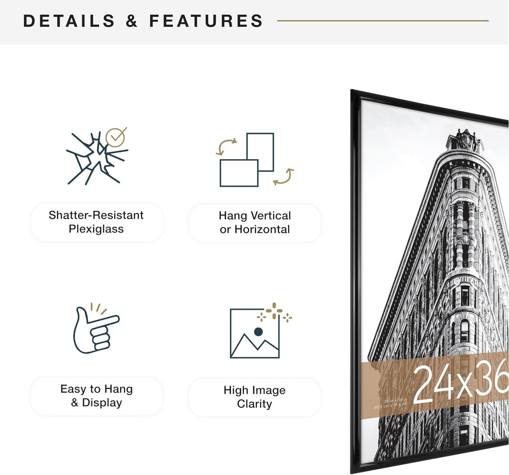 Trendsetter Poster Frame, 24x36, Black High-Gloss, 1-Pack | Trendsetter Poster Frame For Photos & Art Prints, Hangs
