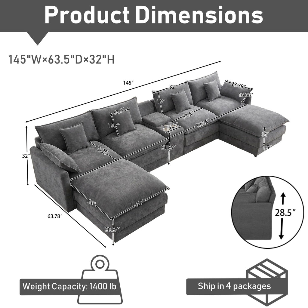 145" Oversized U-Shaped Cloud Sectional Sofa, Grey