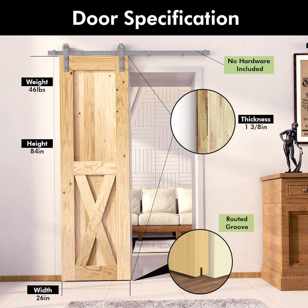 5-in-1 Design Solid Natural Pine Wood Barn Door, 26in Wide 84in High, Unfinished and Unassembled, wi