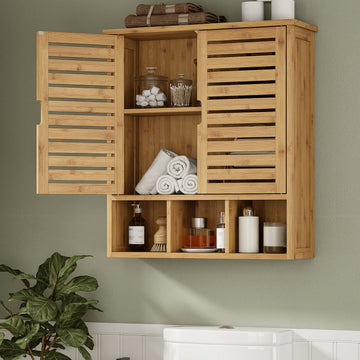 Bathroom Wall Storage Cabinet, Bamboo Medicine Cabinet with Doors and Adjustable Shelves, Bathroom Medicine Cabinet