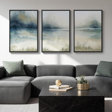 Large Framed Abstract Nature Landscape Wall Art , 3 Piece Blue Watercolor Canvas Prints Paintings Artwork for Walls