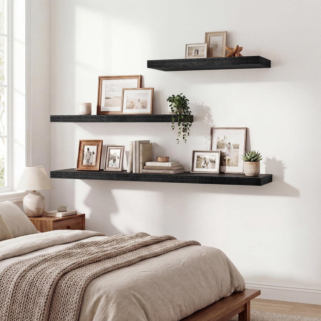 Floating Shelves for Wall, 18 Inch Black Wall Shelves Set of 2, 9.3" Deep Floating Shelf with Invisible Bracket, Wall